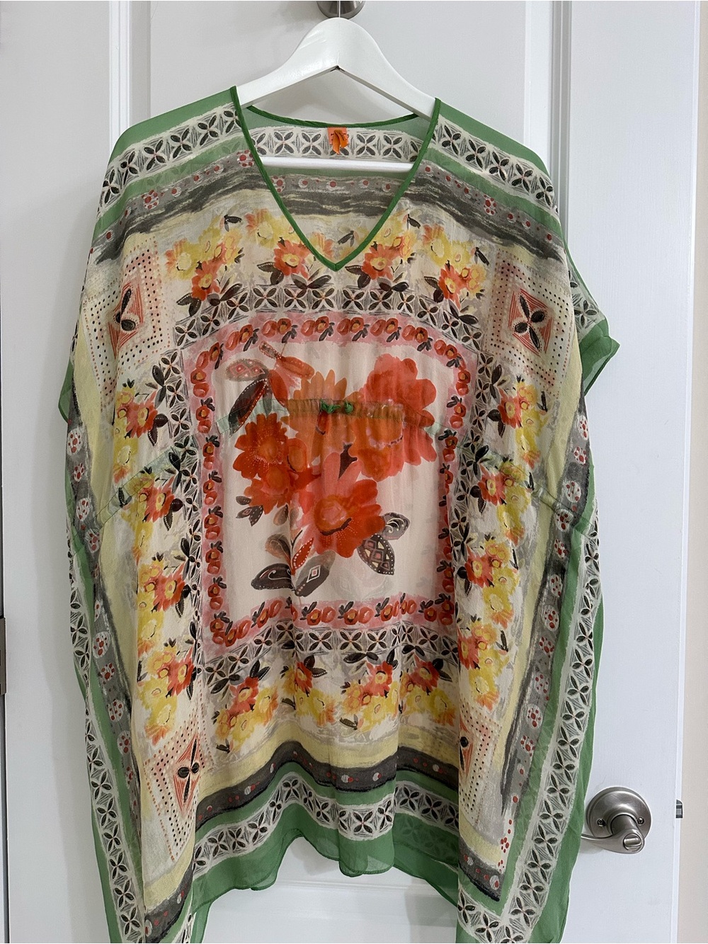 Anthropologie Sheer Floral V-Neck Tunic in Green and Orange